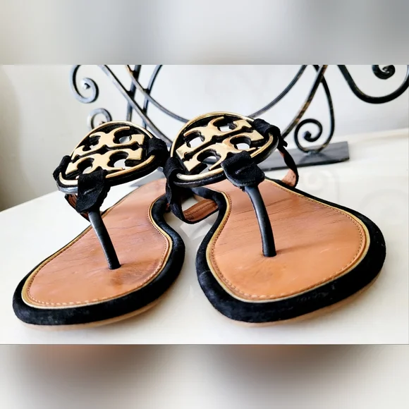 Tory Burch Miller Leather Thong Sandals Metal/Gold Logo Black/Tan US 8 - Picture 15 of 16